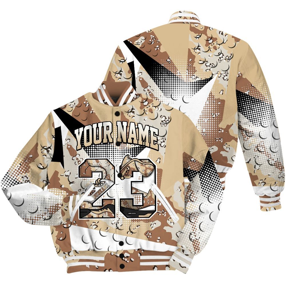Varsity Jacket To Match Desert Camo 3s Shirt, Poly Custom Name Number 23 5s All Over Print