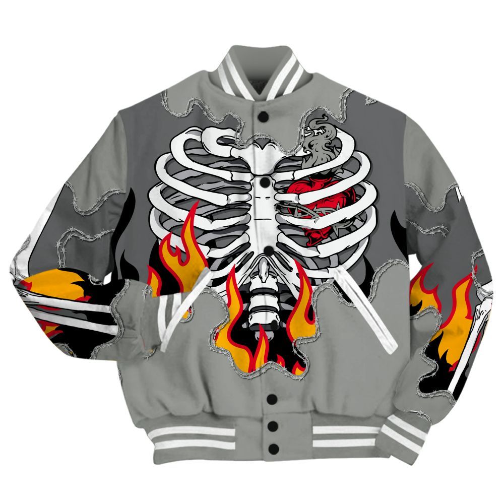 Varsity Jacket To Match Paris Olympics 4s Shirt, Skeleton Heart On Fire All Over Print