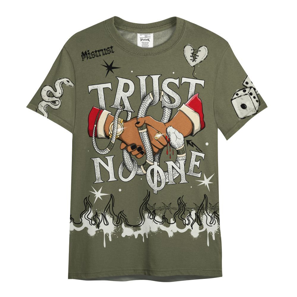 Shirt To Match Travis Scott Low OG Medium Olive 1s - Trust No One Snake-Bite Doodle Crayon All Over Print