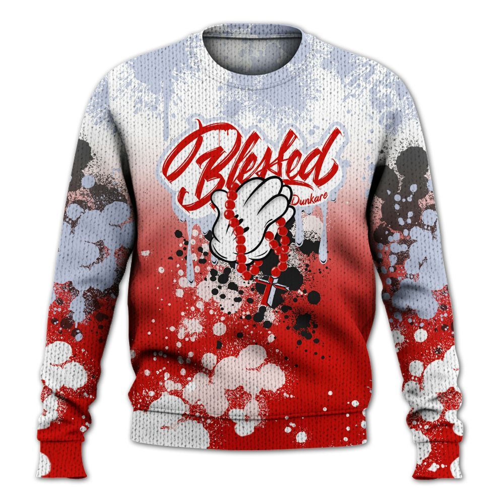 Knitted Sweater To Match Fire Red 6s - God Blessed Ink Drip