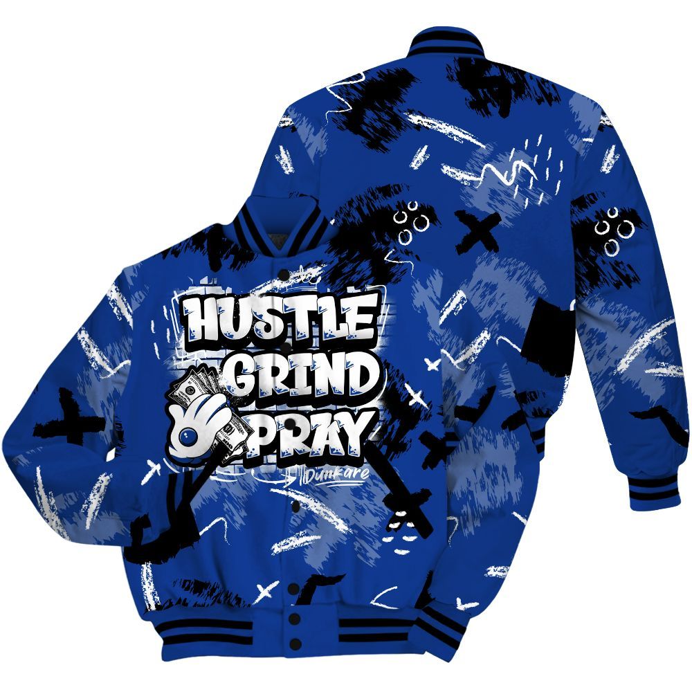 Varsity Jacket To Match Air Foamposite One Royal - Hustle Grind Pray Retro All Over Print