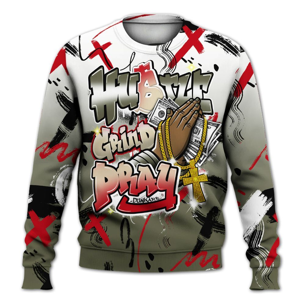 Sweatshirt To Match Low OG Medium Olive 1s - Money Hustle Grind Pray All Over Print