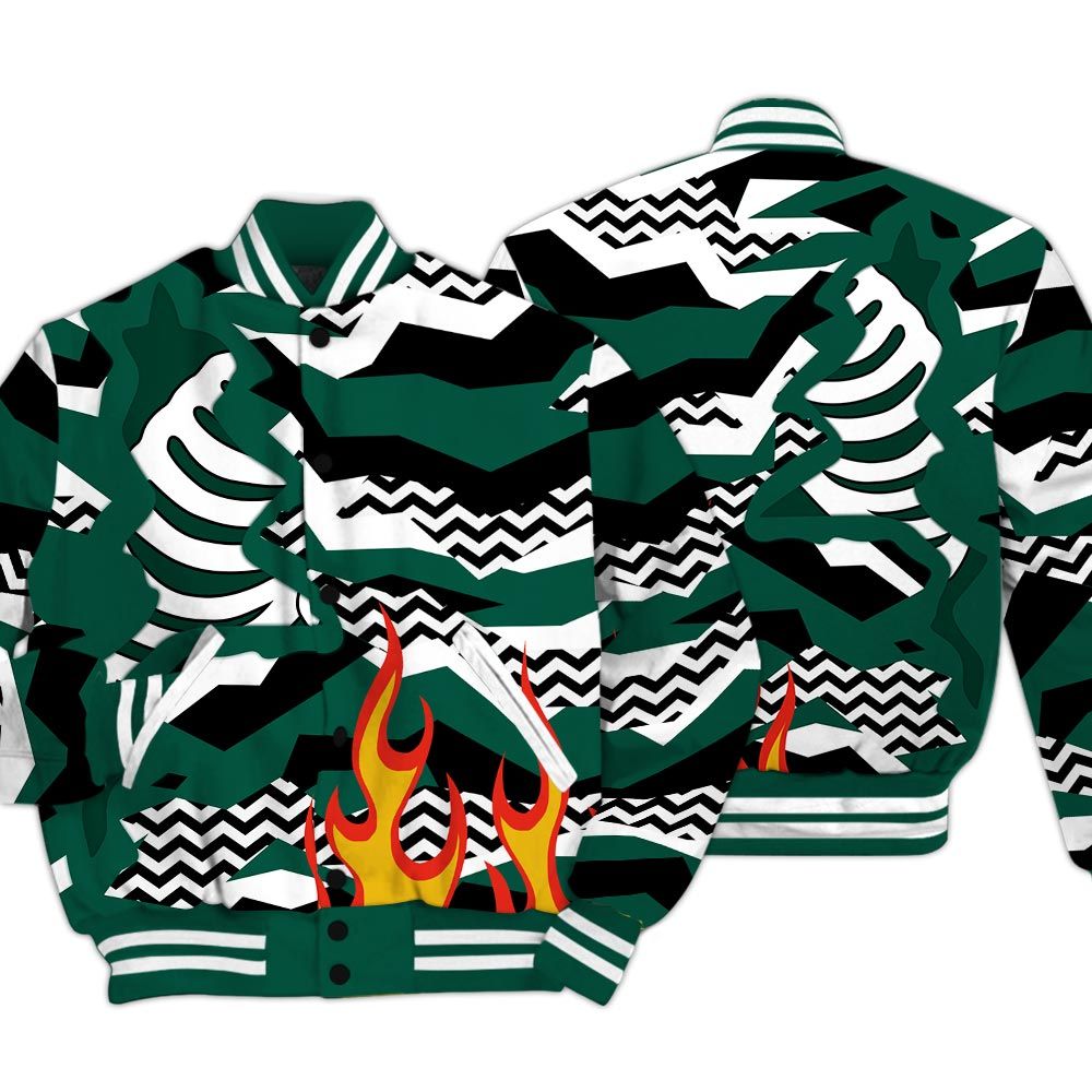 Varsity Jacket To Match Oxidized Green 4s - Retro Geometric Camouflage Flame Baseball Varsity Jacket Outfit