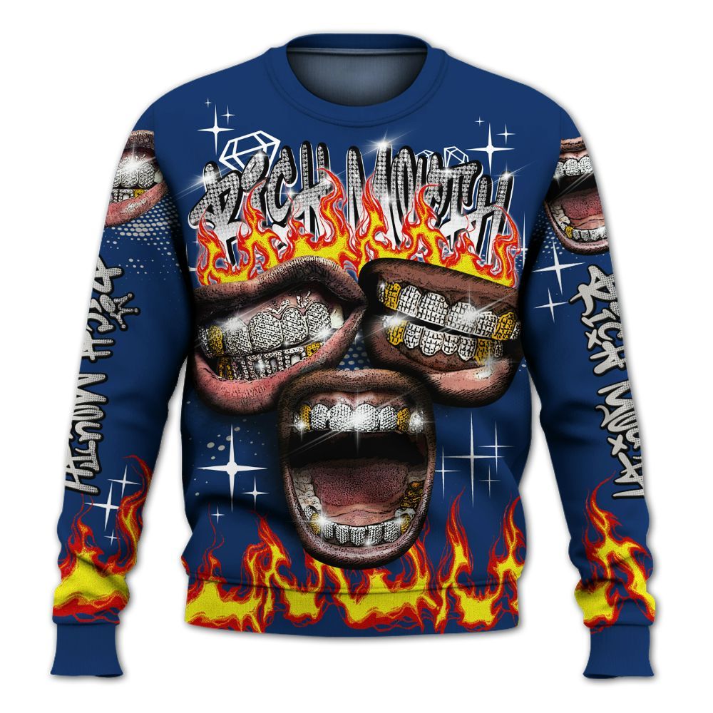 Sweatshirt To Match High OG Deep Royal Blue 1s - Rich Mouth Fire Rap Retro 90s All Over Print
