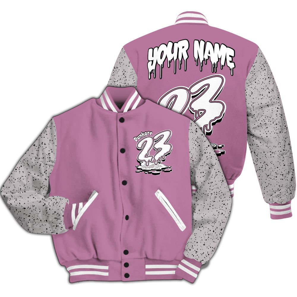 Varsity Jacket To Match Neutral Grey Black White Orchid 4s - Custom Name 23 Drip All Over Print
