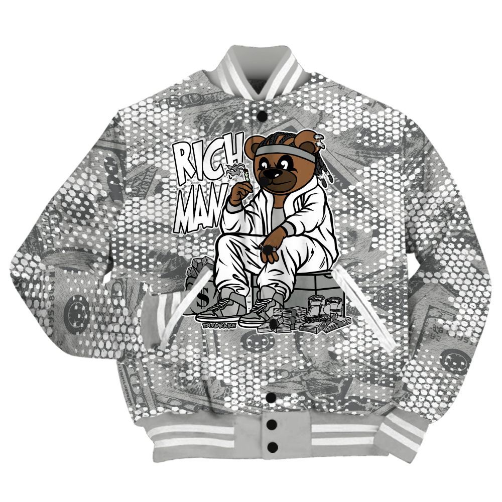 Varsity Jacket To Match Paris Cement Grey 4s Shirt - Rich Man Bear Banknotes Art All Over Print