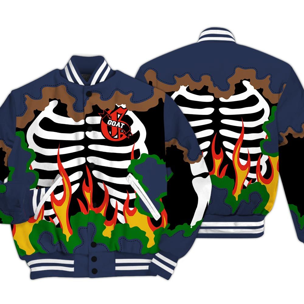 Varsity Jacket To Match Midnight Navy 13s - G.O.A.T 23 Skeleton Flame Baseball Varsity Jacket Outfit