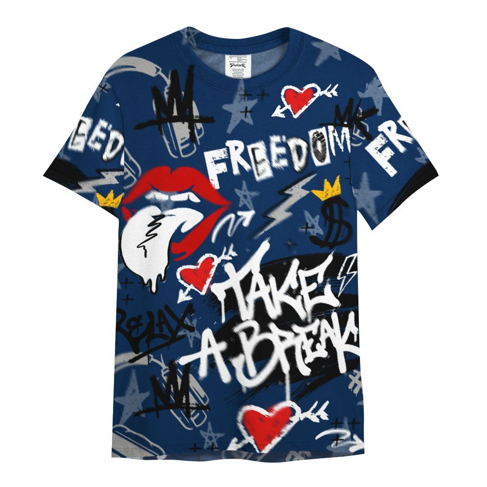 Shirt To Match SB White Navy 4s - Take Break Freedom Graffiti Streetwear All Over Print