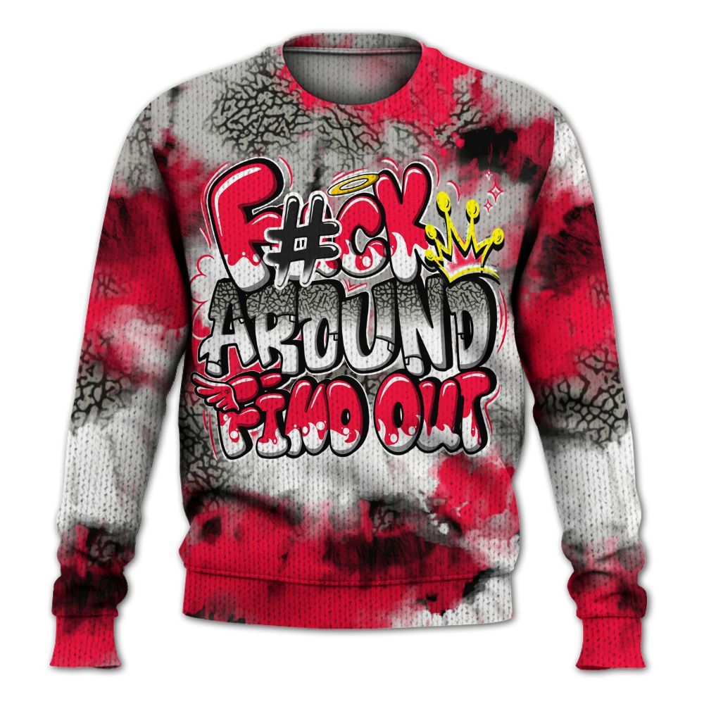 Knitted Sweater To Match Retro Fire Red 3s - Tie Dye FK Around Find Out