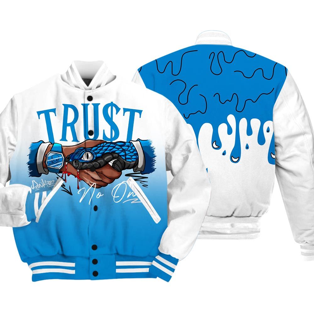 Varsity Jacket To Match Varsity Streetwear Snake Trust No One Drip, Military Blue 4s T-Shirt, Sneaker Military Blue 4s Baseball Varsity Jacket 1604 NCT