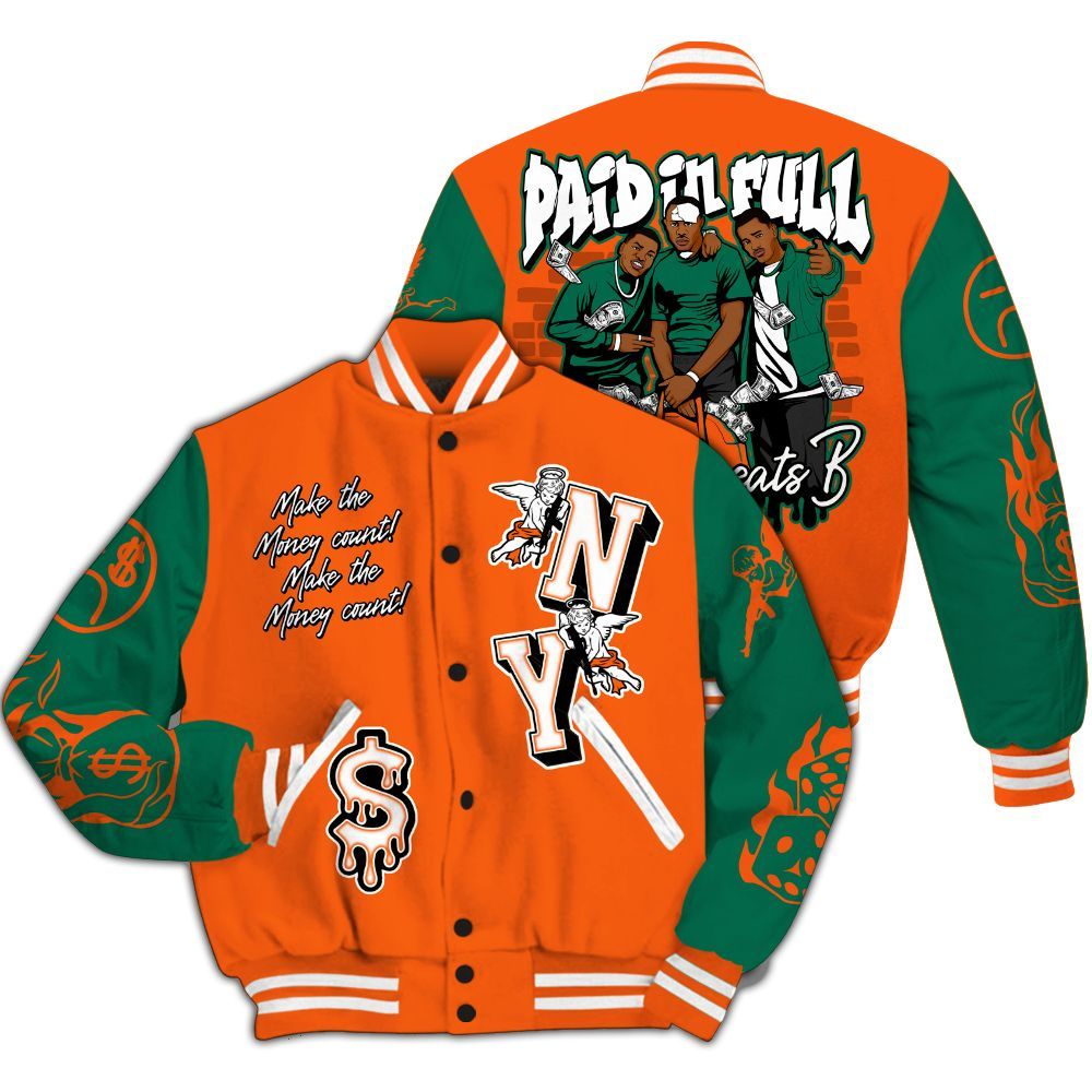 Varsity Jacket To Match SoleFly Sail Gorge Green 3s - Paid In Full Money Graphic Varsity Jacket All Over Print