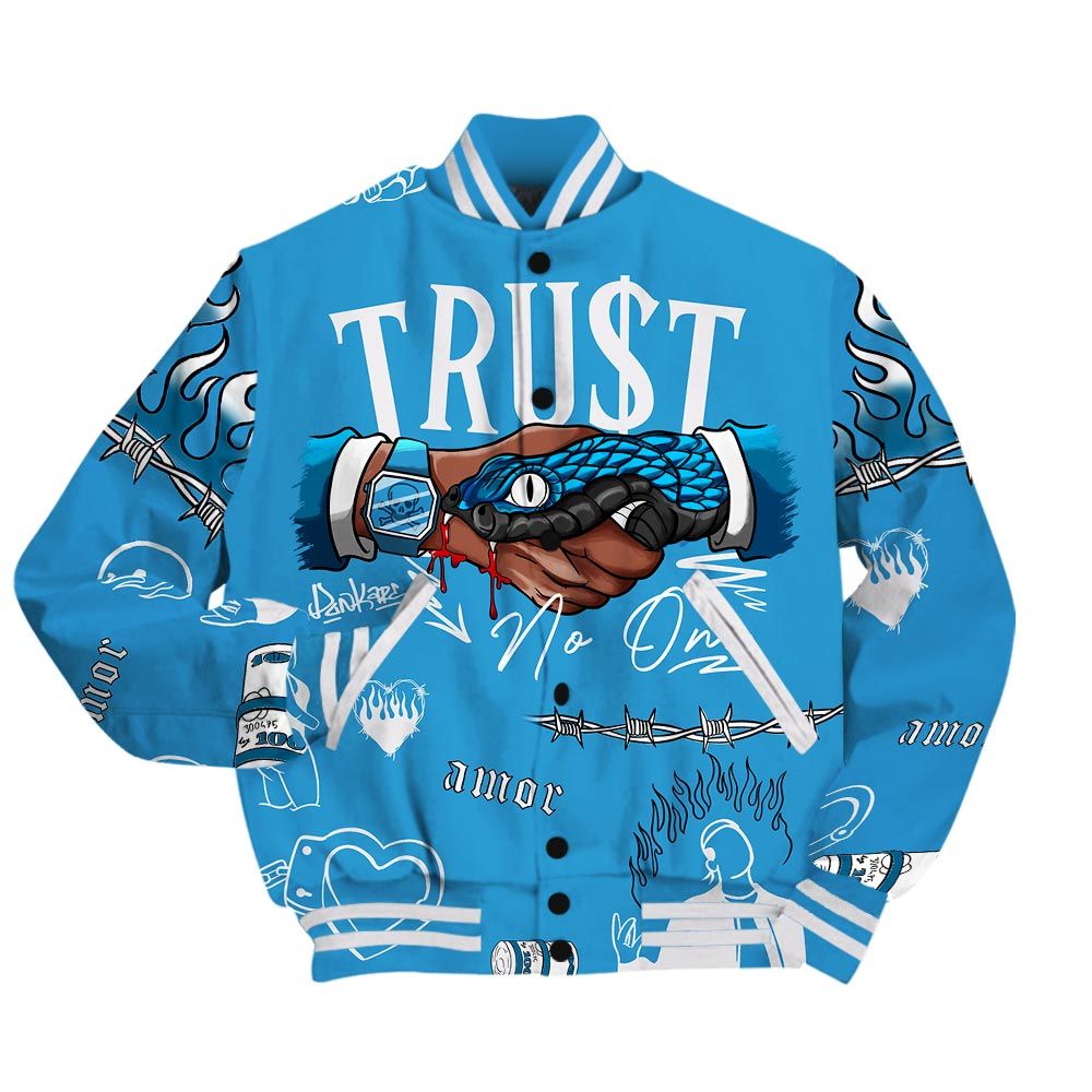 Varsity Jacket To Match Varsity Streetwear Snake Trust No One, Powder Blue 9s T-Shirt, Sneaker Powder Blue 9s Baseball Varsity Jacket 1604 NCT