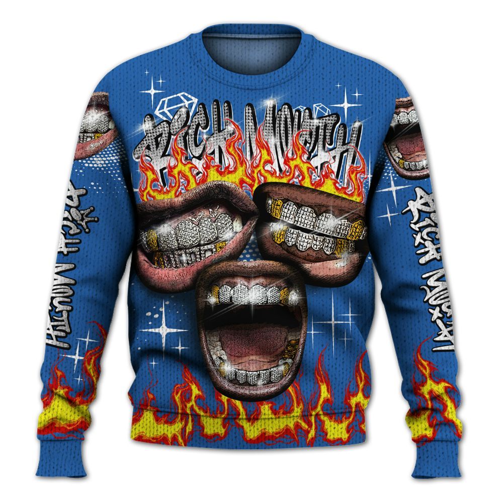 Knitted Sweater To Match Brave Blue 13s - Rich Mouth Fire Rap Retro 90s