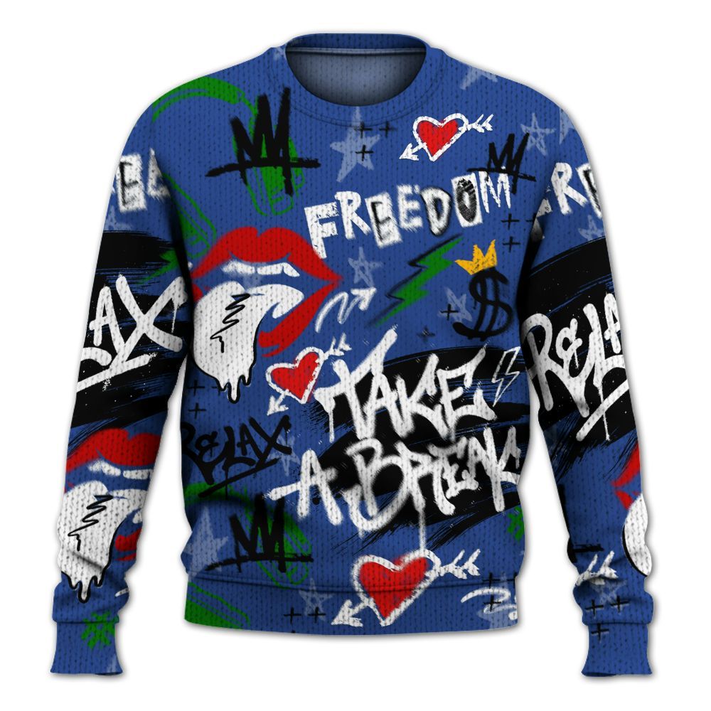 Knitted Sweater To Match Retro Hyper Royal 13s - Take Break Freedom Graffiti Streetwear