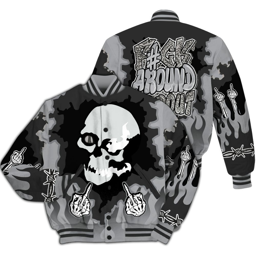 Varsity Jacket To Match Black Cement 3s - F Around Find Out Graphic Trapped All Over Print