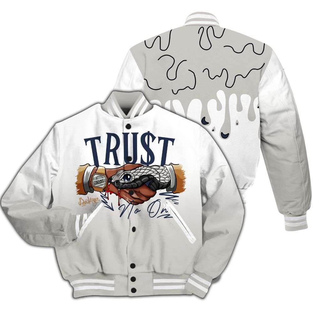 Varsity Jacket To Match Low Navy Grey Gum 1s - Trust No One Drip All Over Print