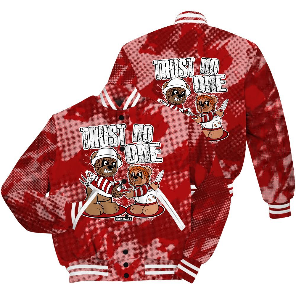 Varsity Jacket To Match Red Taxi 12s Shirt - Trust No One Bear Abstract Halftone All Over Print
