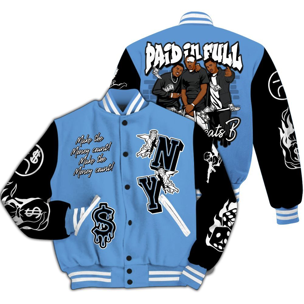 Varsity Jacket To Match Black University Blue 5s - Paid In Full Money Graphic Varsity Jacket All Over Print