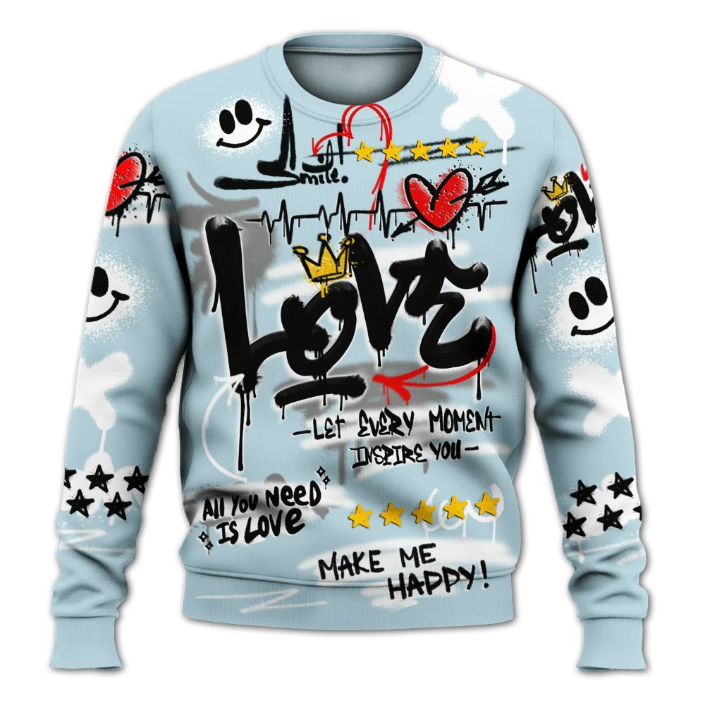 Sweatshirt To Match Mid Ice Blue 1s - Happy Love Beats Graffiti Streetwear All Over Print