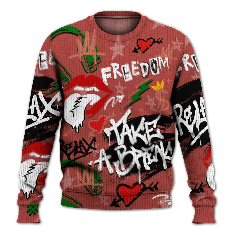 Knitted Sweater To Match Dune Red 13s - Take Break Freedom Graffiti Streetwear