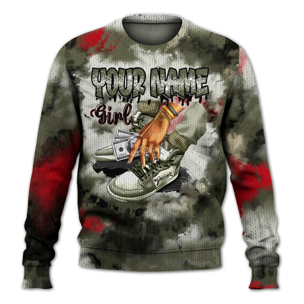 Knitted Sweater To Match Low OG Medium Olive 1s - Custom Name SNEAKER Girl Money Drip Tie Dye
