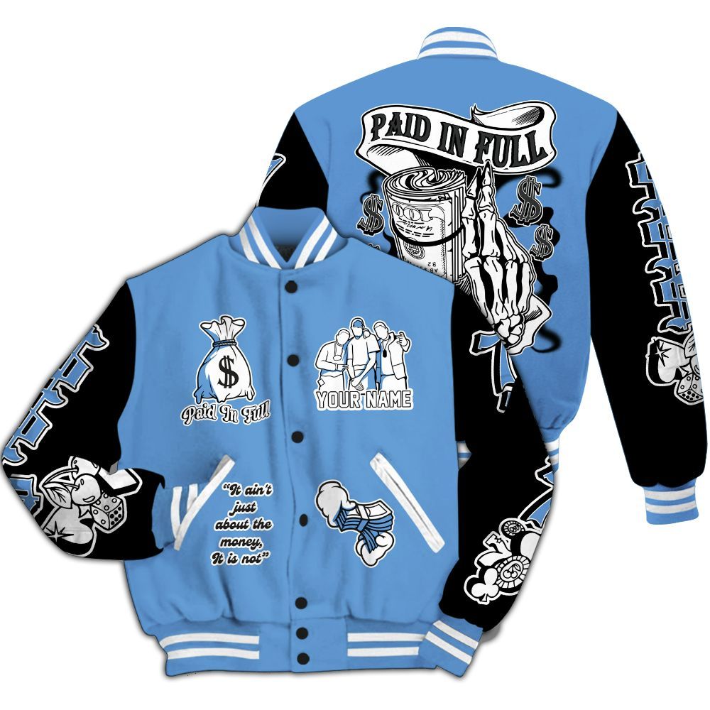 Varsity Jacket To Match Black University Blue 5s - Paid In Full Baseball Varsity Jacket Custom Name All Over Print