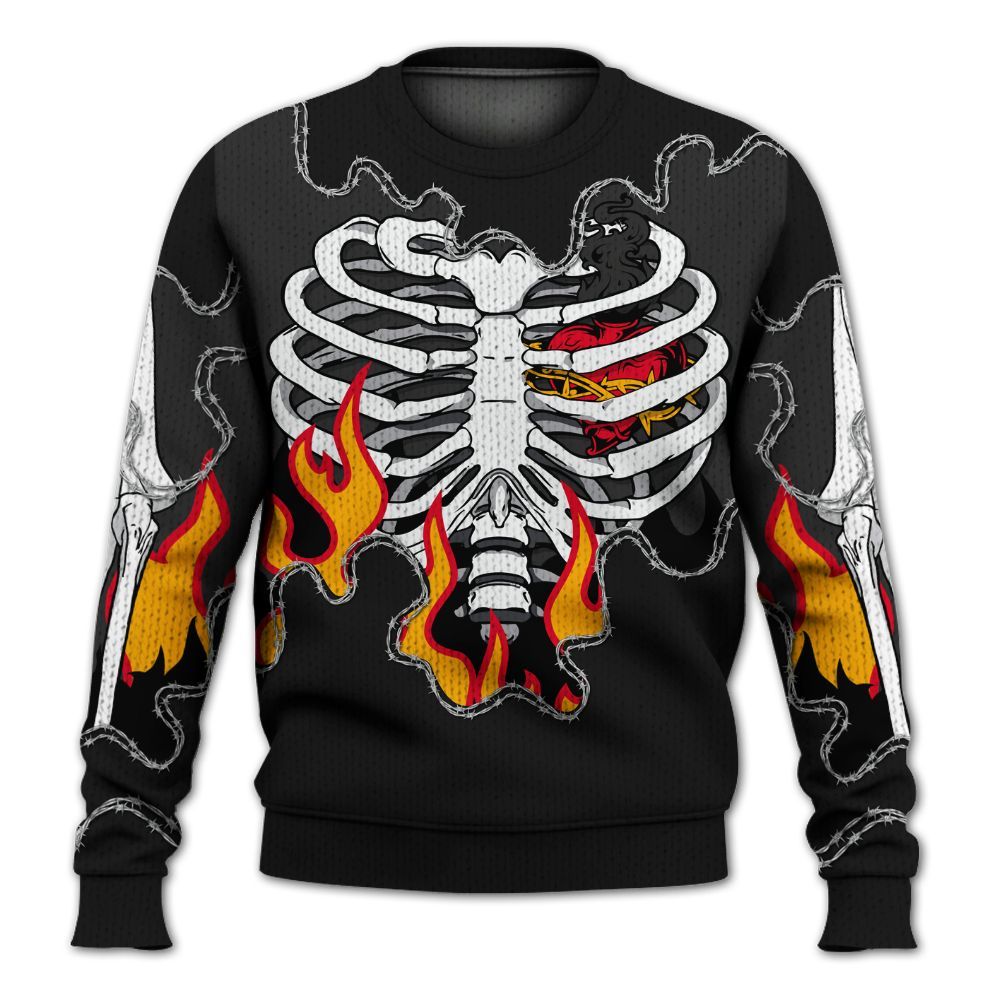 Knitted Sweater To Match White Thunder 4s - Skeleton Heart On Fire