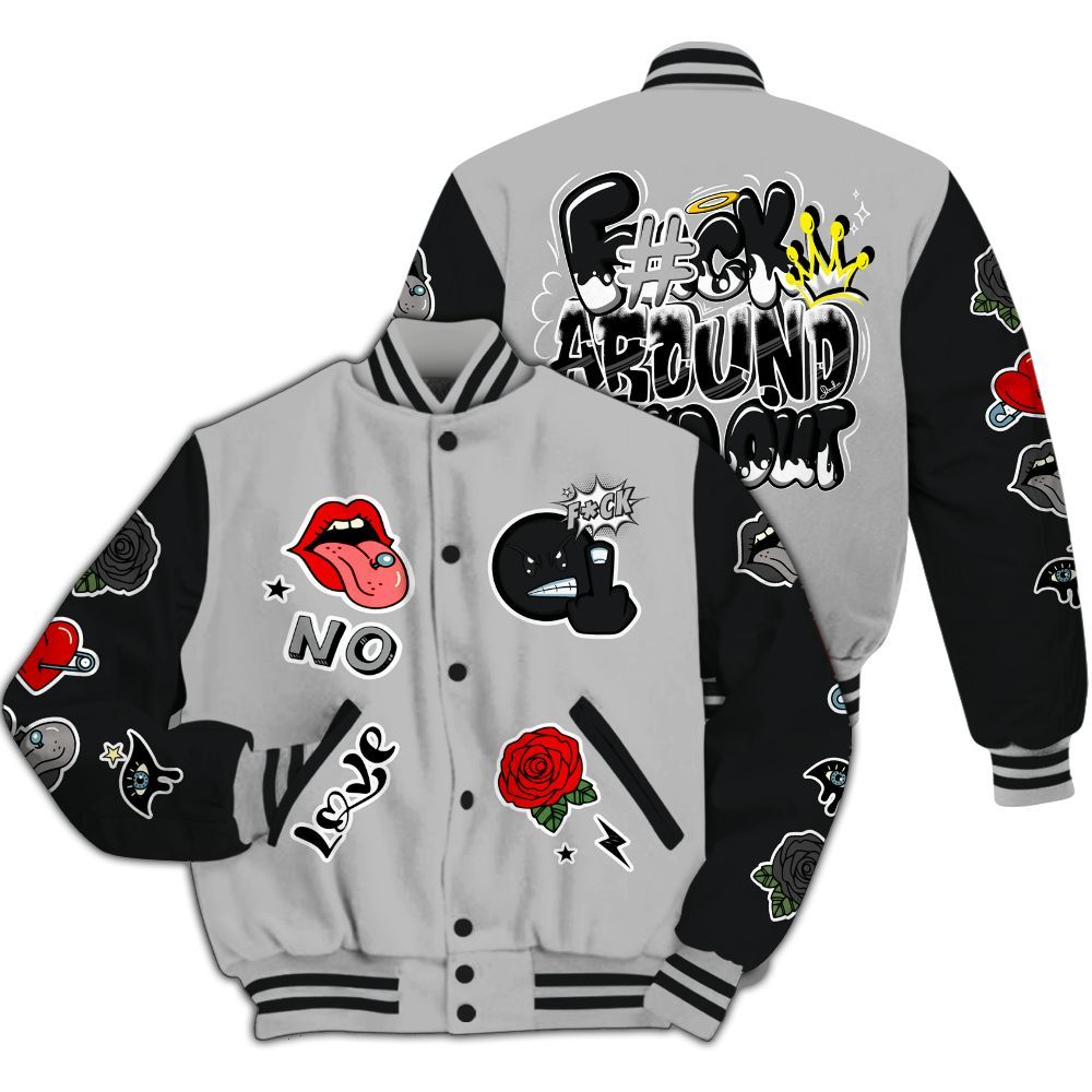 Varsity Jacket To Match Low 85 Metallic Black 1s - FK Around Find Out All Over Print