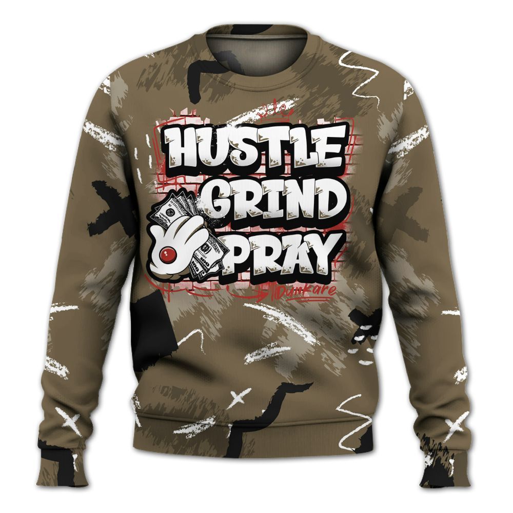 Sweatshirt To Match Olive 9s - Hustle Grind Pray Retro All Over Print