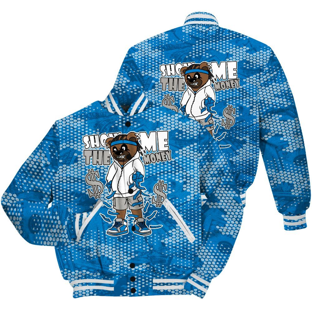 Varsity Jacket To Match Industrial Blue 4s Shirt - Show Me Bear Banknotes Art All Over Print