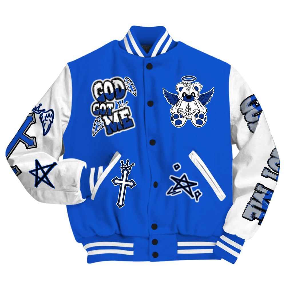 Varsity Jacket To Match Air Foamposite One Royal - Gods Guides Me Bear All Over Print