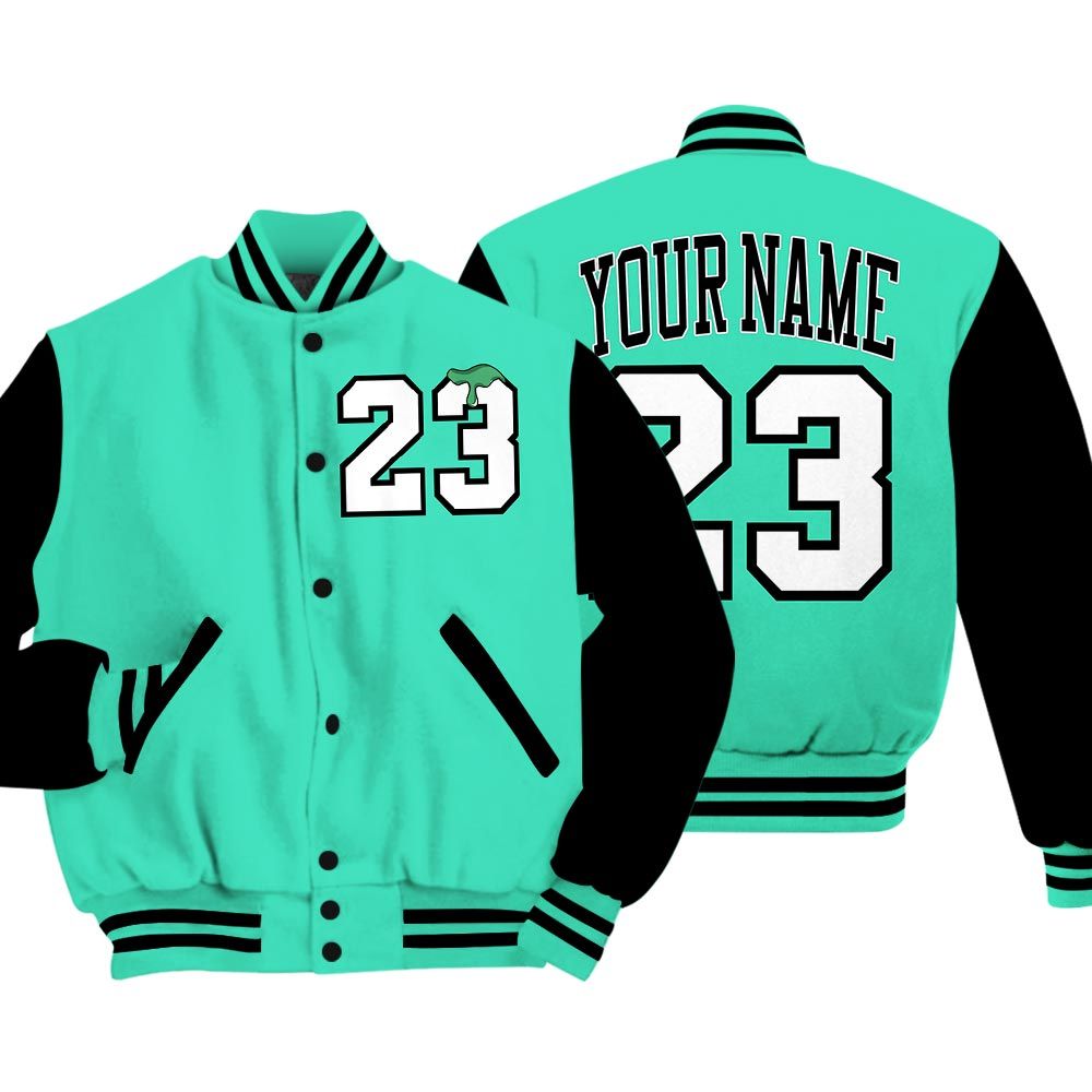 Varsity Jacket To Match Varsity Streetwear Custom Name Number 23 Drip, 3 Green Glow T-Shirt, Sneaker Black Green Glow 3s Baseball Varsity Jacket 1604 NCT