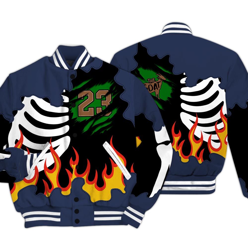 Varsity Jacket To Match Midnight Navy 13s - Burning Skeleton 23 G.O.A.T Baseball Varsity Jacket Outfit