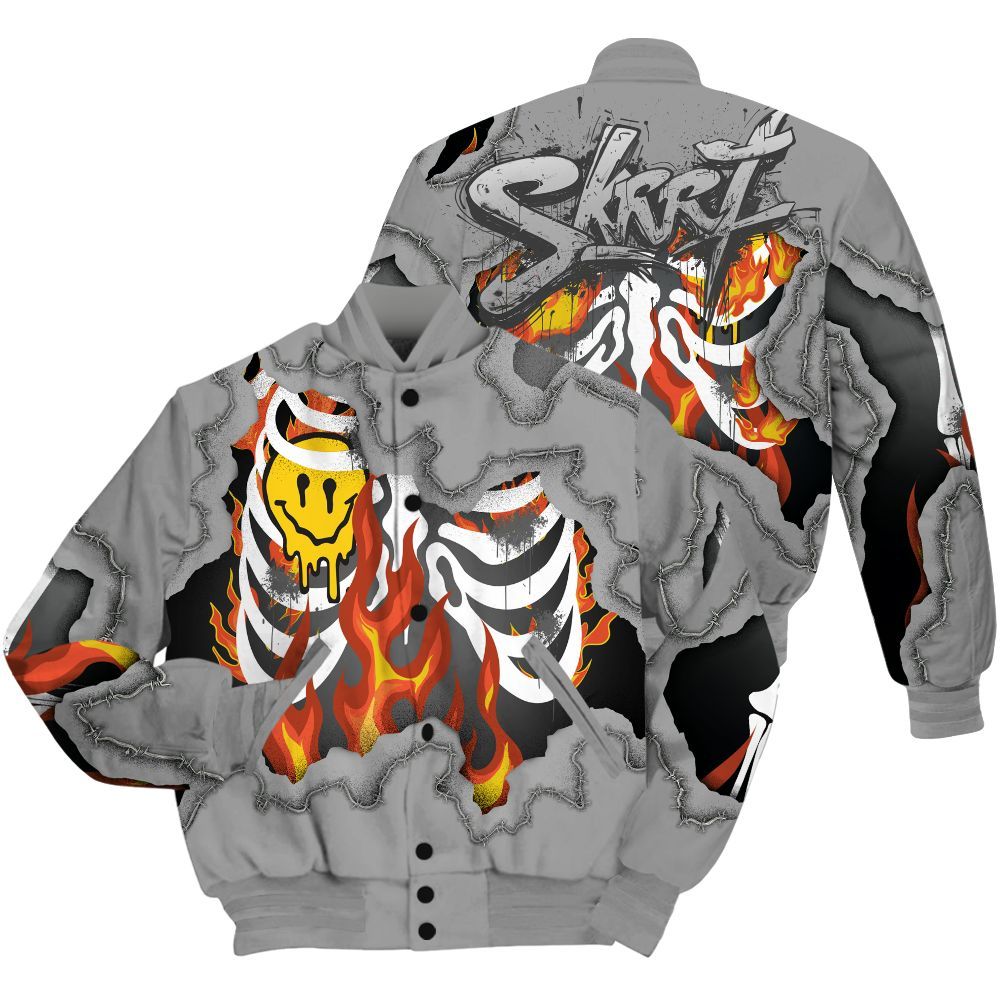 Varsity Jacket To Match Black Wolf Grey 12s Shirt, Skeleton On Fire Skrrt All Over Print