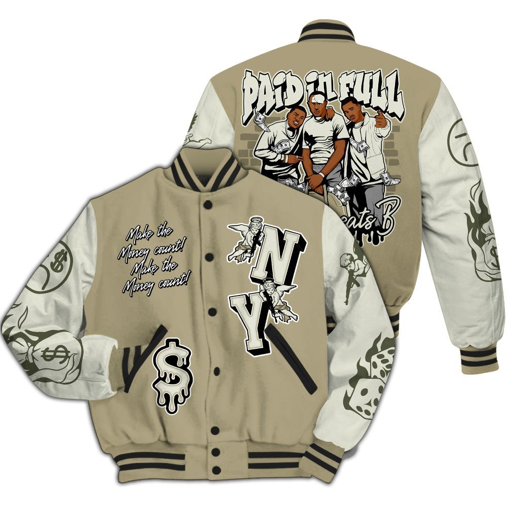 Varsity Jacket To Match Low OG Medium Olive 1s - Paid In Full Money Graphic Varsity Jacket All Over Print