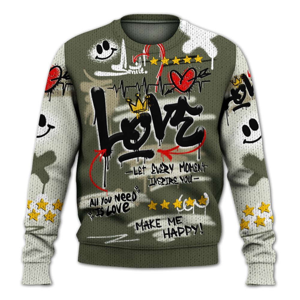 Sweater To Match Low OG Medium Olive 1s - Happy Love Beats Graffiti Streetwear Graphic