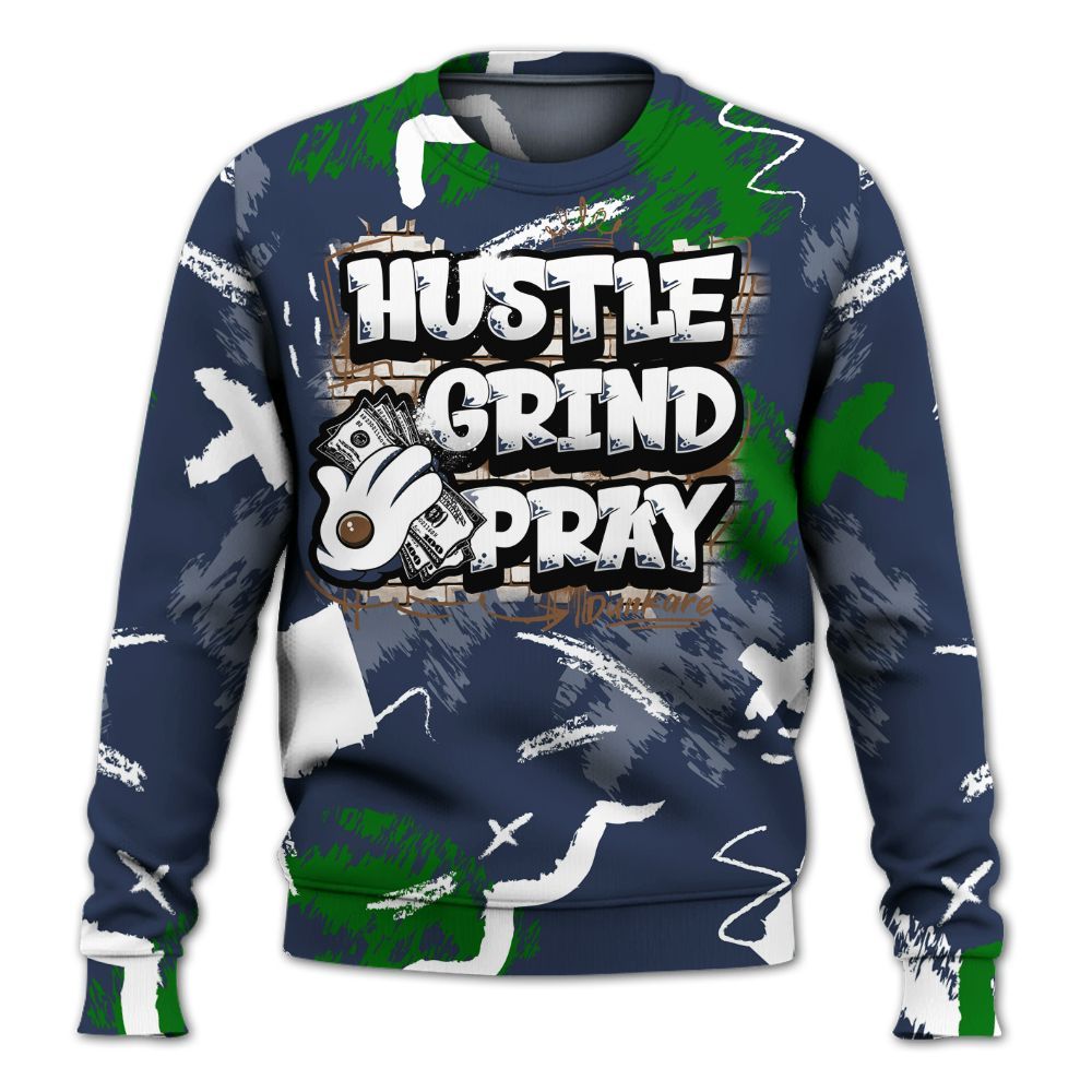 Sweatshirt To Match Midnight Navy 13s - Hustle Grind Pray Retro All Over Print