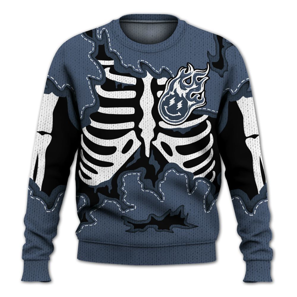 Knitted Sweater To Match Low Diffused Blue 11s - Skeleton Smiley Face