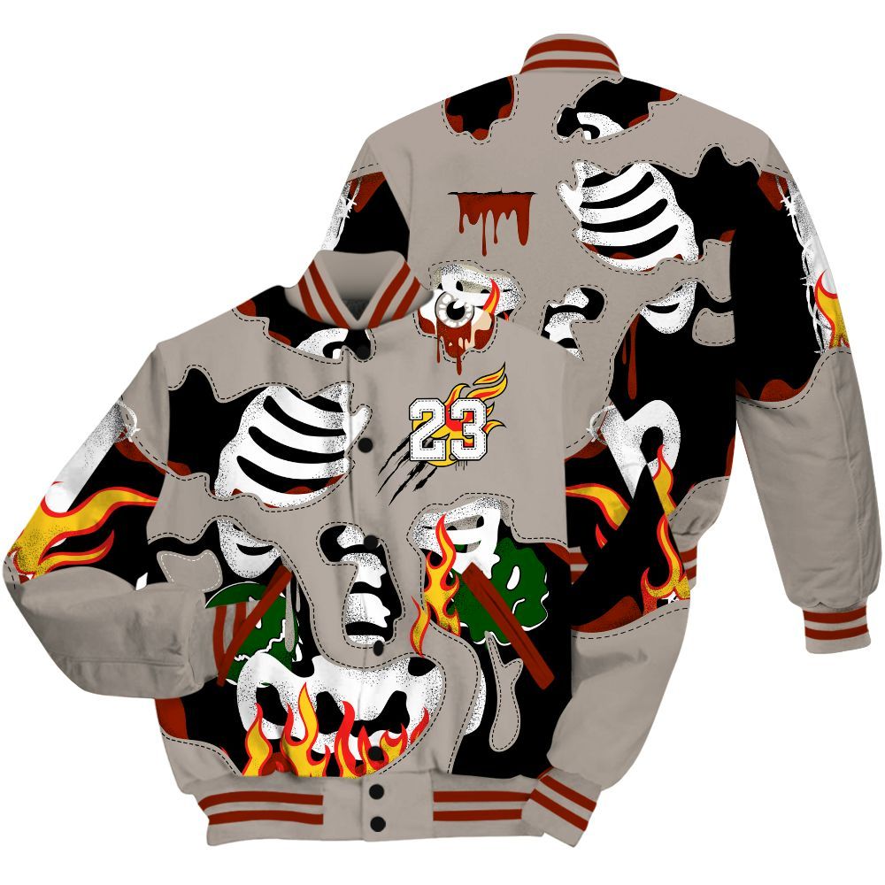 Varsity Jacket To Match El Grito 5s - Skeleton Smile Flame Drip All Over Print