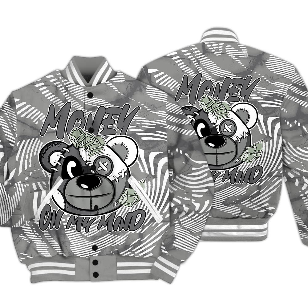 Varsity Jacket To Match Paris Cement Grey 4s - Money On My Mind Bear Fume Varsity Jacket Unisex