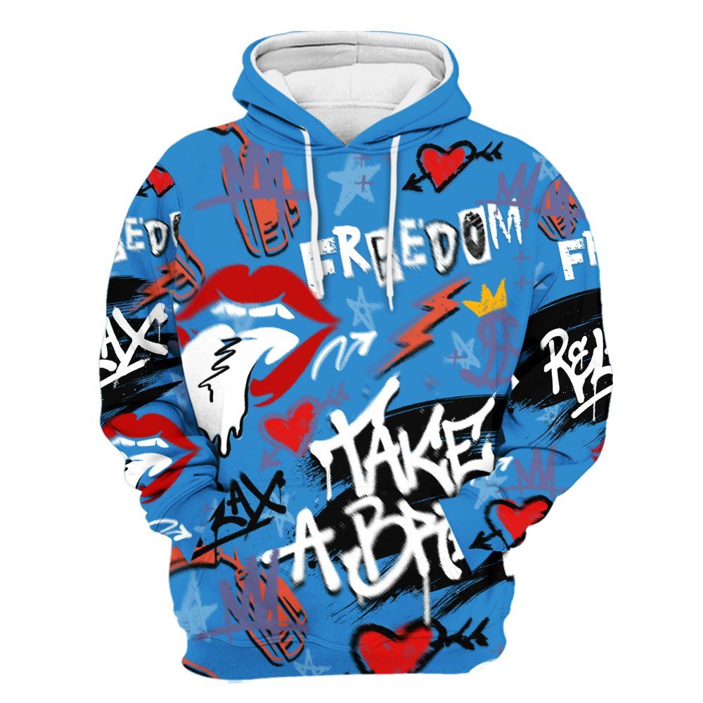 Hoodie To Match Hi-Res Blue 700s - Take Break Freedom Graffiti Streetwear All Over Print