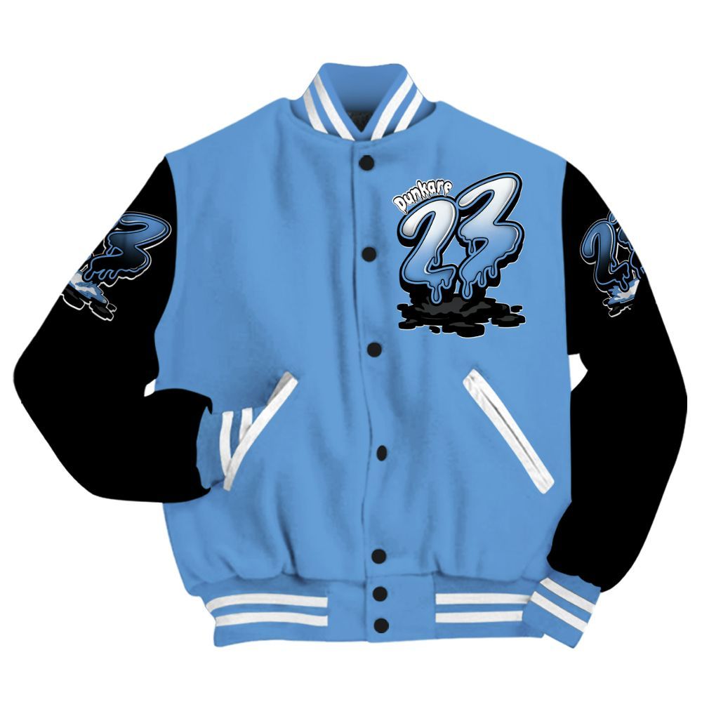 Varsity Jacket To Match Black University Blue 5s - Custom Name 23 Drip All Over Print