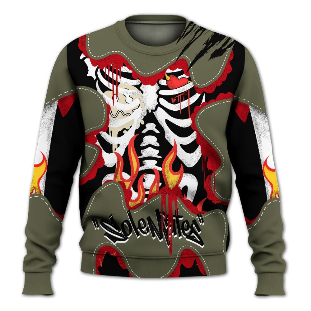 Sweatshirt To Match Travis Scott Low OG Medium Olive 1s - Skeleton Burning Heart Drip All Over Print