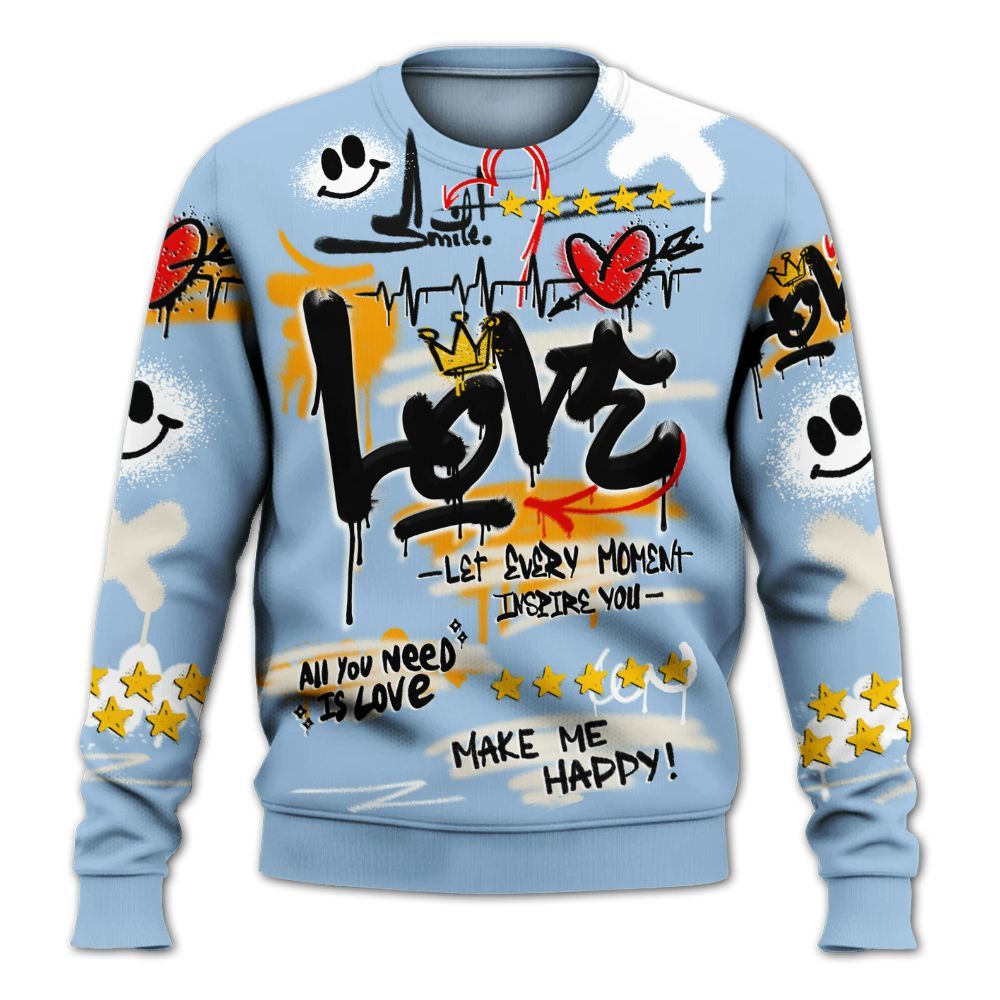 Sweatshirt To Match Retro High OG Pale Ivory Psychic Blue 1s - Happy Love Beats Graffiti Streetwear All Over Print