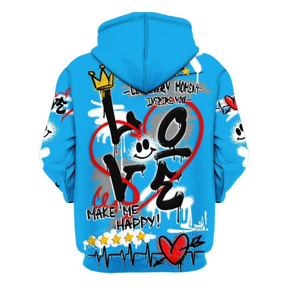 Hoodie To Match Black University Blue 2022 13s - Happy Love Beats Graffiti Streetwear All Over Print
