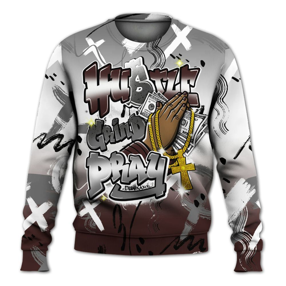 Sweatshirt To Match Burgundy 5s - Money Hustle Grind Pray All Over Print