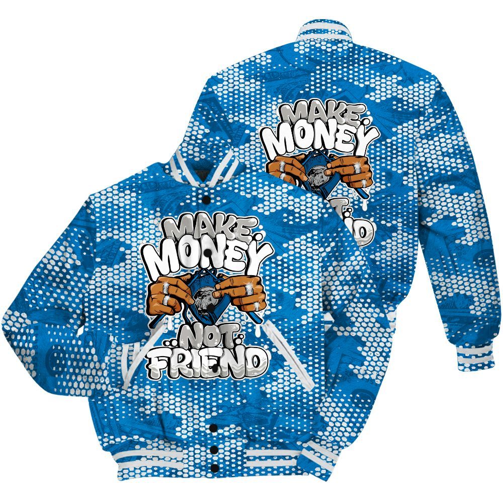 Varsity Jacket To Match Industrial Blue 4s Shirt - Make Moneys Not Friend Graphic Banknotes All Over Print