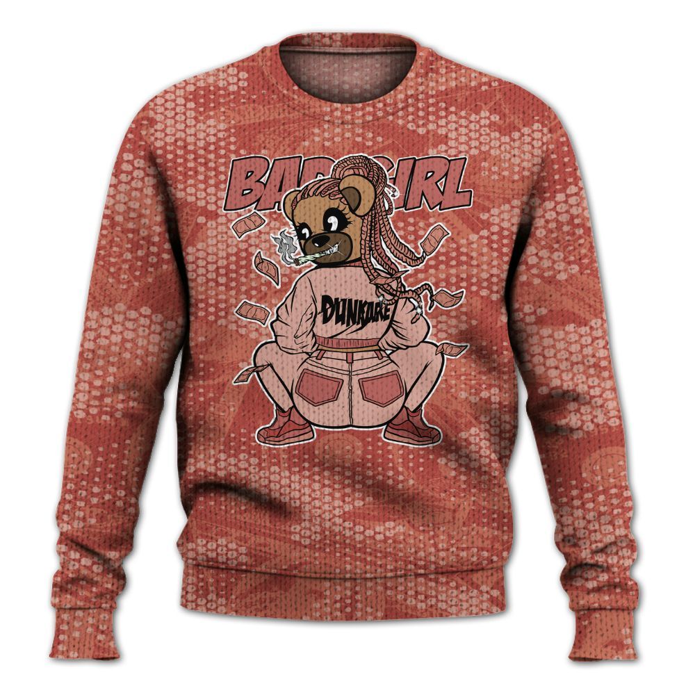 Knitted Sweater To Match Dune Red 13s - Rebellious Girl Bear Banknotes Art
