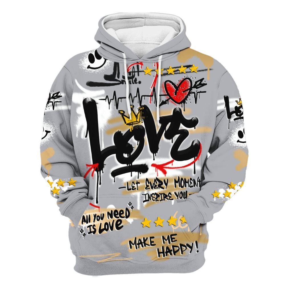 Hoodie To Match Retro High OG Cool Grey 1s - Happy Love Beats Graffiti Streetwear All Over Print