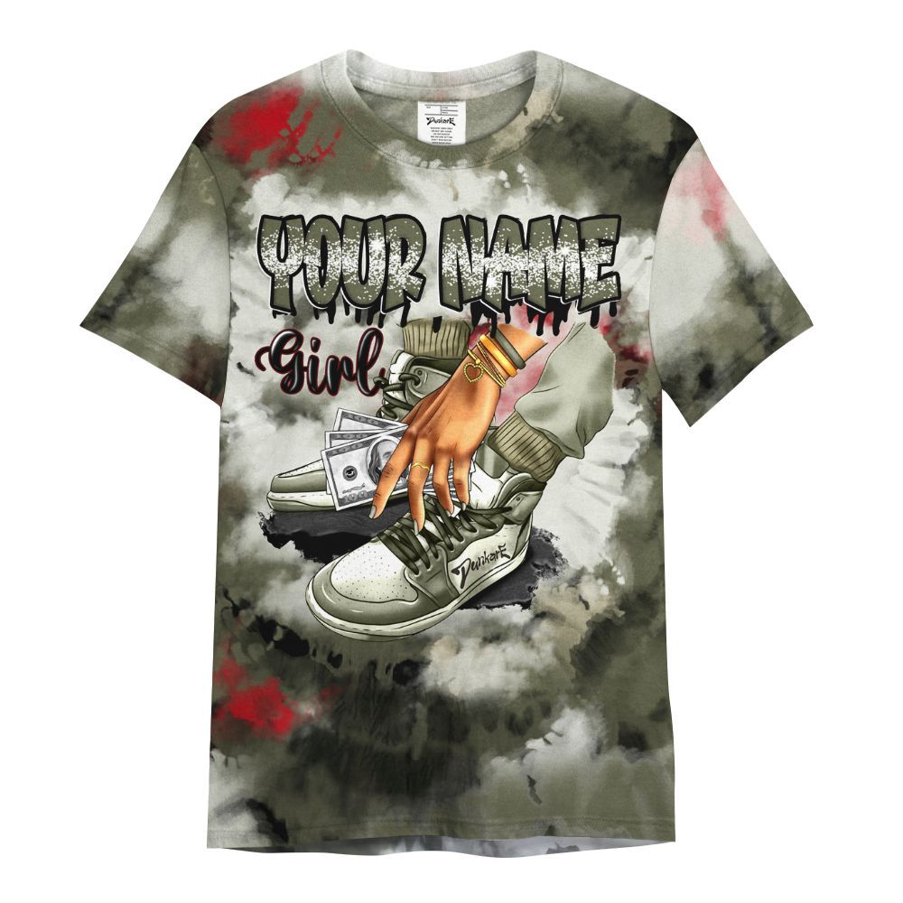 Shirt To Match Low OG Medium Olive 1s Varsity Jacket, Custom Name SNEAKER Girl Money Drip Tie Dye All Over Print